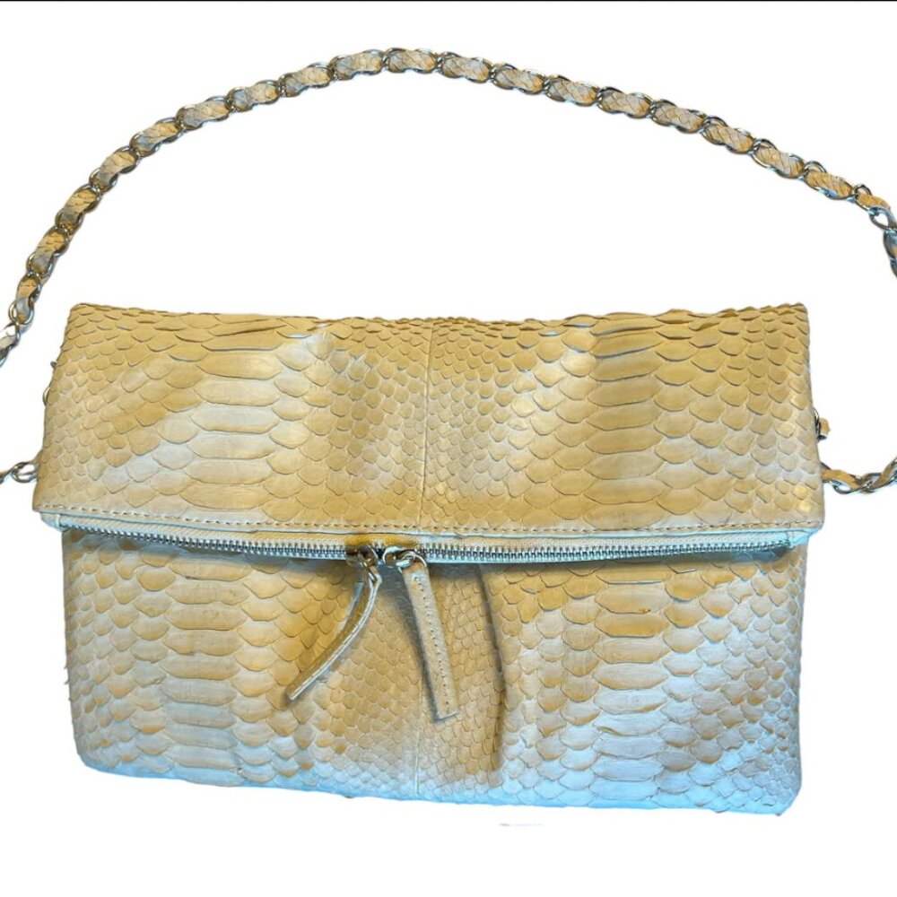 Presmer Python Crossbody Flap Clutch Chain Strap Bone Beige